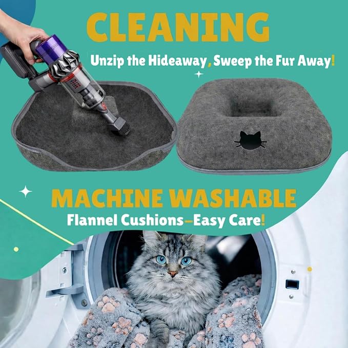 RINGTAIL Peekaboo Cat Cave Donut for Multiple & Large Cats Up to 30-45 lb, 3-in-1 Self Warming Cat Bed Tunnel with 2 Soft Fluffy Fleece Pet Blankets, Scratch, Detachable & Washable (Dark Gray, Large) - Image 6