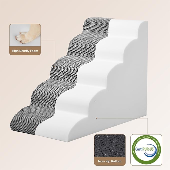 EHEYCIGA Curved Dog Stairs Ramp for High Beds 22.6" H, 5-Step Dog Steps for Small Dogs and Cats, Pet Stairs for High Bed Climbing, Non-Slip Balanced Pet Step Indoor, Grey - Image 2