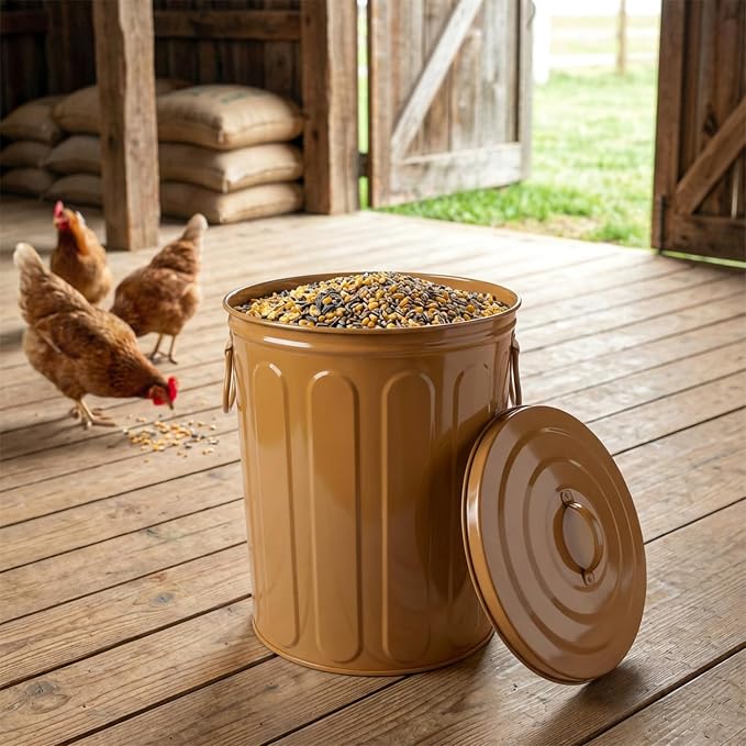 Plexon 5 Gallon Small Metal Trash Can with Lid Outdoor Galvanized Steel Bucket with Lid 5 Gal Storage Can for Dog Food Bird Seed Storage Container, Brown 3 Pack - Image 5