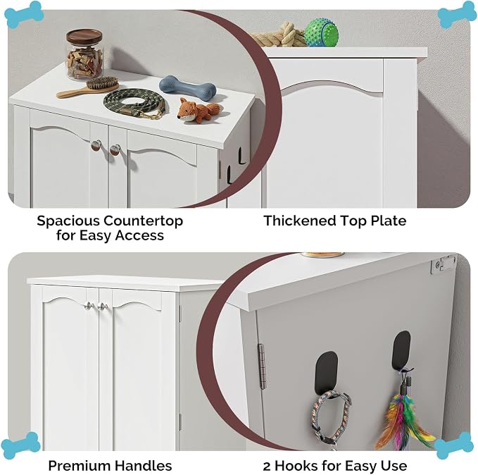 NEWOWNDS 32" H Dog Feeding Station with Storage with Adjustable Shelves | Pet Food Storage Cabinet with 2 Elevated Bowls,Hooks & Letter Stickers,Hidden Dog Feeding Organizer for Cats and Dogs,White - Image 8