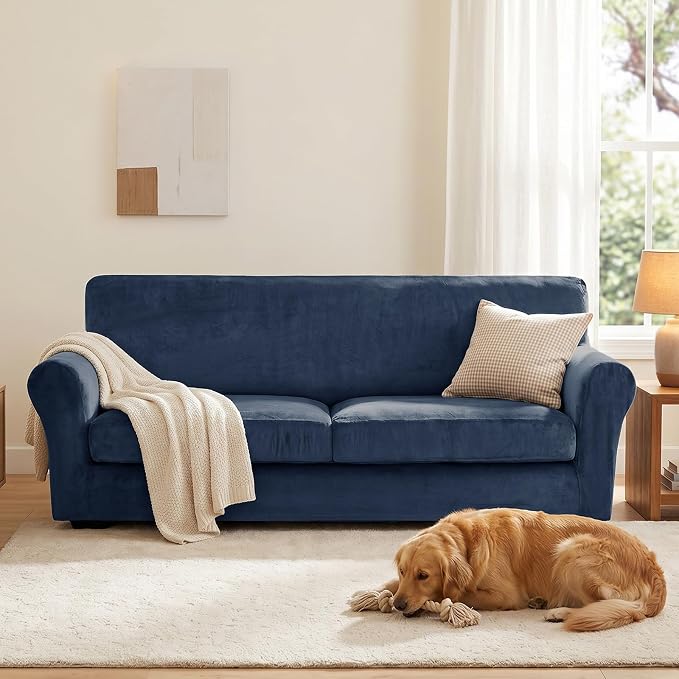 XINEAGE 3-Piece Velvet Sofa Cover,Couch Covers for Dog,Navy Blue | 2 Cushion Sofa,Stretch Non-slip Elastic, Pet-friendly, Washable, Fast Setup, Soft Plush Fabric, Furniture Protector. - Image 4