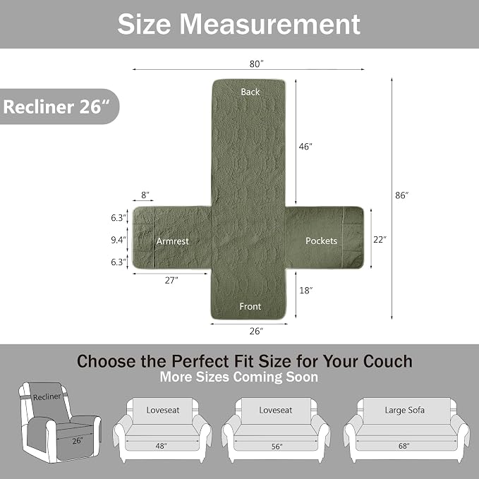 Green Recliner TV Chair Covers, Quilted Décor Water-Repellent Medium Lazy Boy Chair Covers, Pet Friendly Recliner Slipovers for Dogs Cats, Washable Recliner Cover (Recliner 26", Olive Green) - Image 7