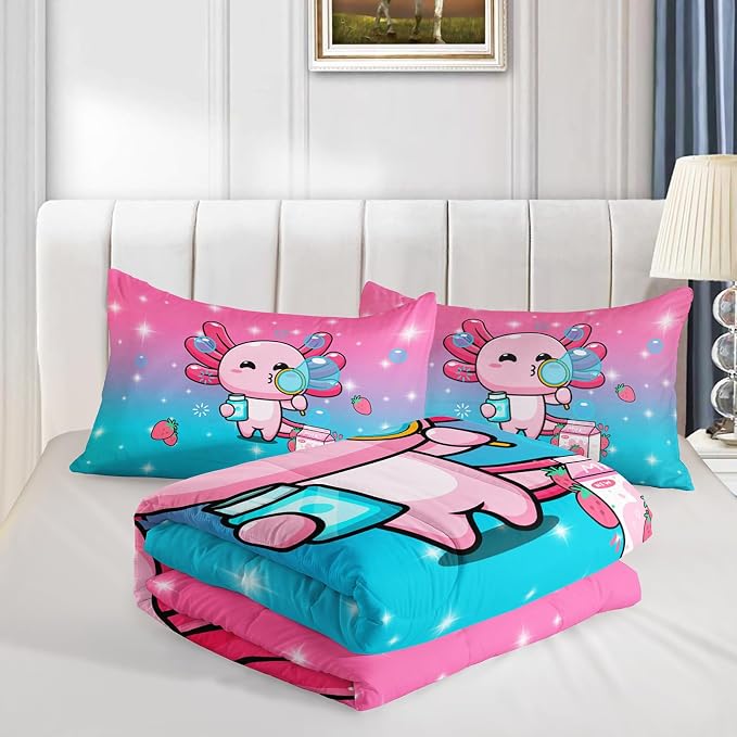 QOOMO Kawaii Axolotl Comforter,Pink Salamander Comforter Set for Kids Teens Girls,3Pcs Bedding Set Printed Comforter with 2 Pillowcases,Down Alternative,Soft and Lightweight(Pink，Queen Size) - Image 4
