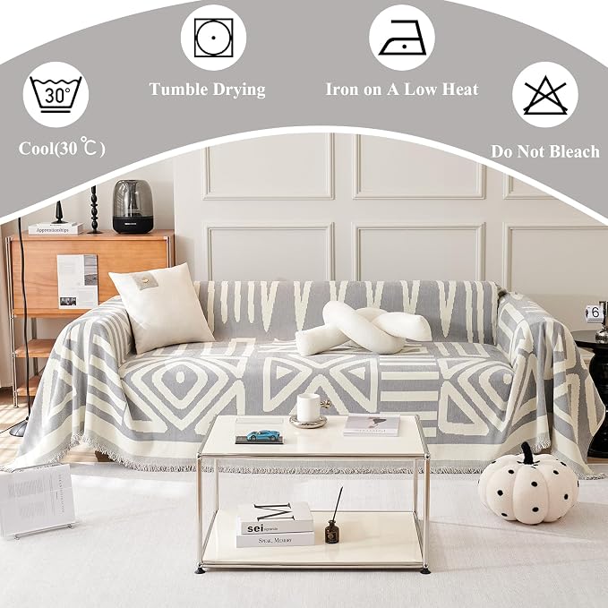 91" x118" Soft Chenille Couch Cover with Grey Geometric Pattern for 1-2 Cushion Couch Reversible 1 Piece Sofa Cover Furniture Protector with Tassels for Dogs Cats Scratching Washable - Image 6