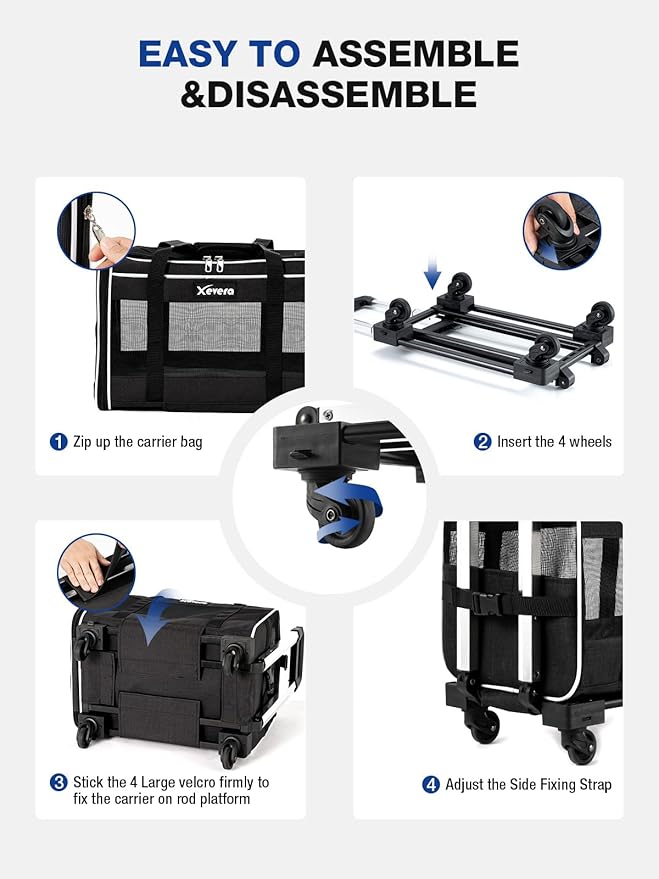 Dog Cat Carrier with Wheels, Rolling Pet Carrier for Cats Dogs 15lbs with Double-Sided Mat, Safety Leash and Shoulder Strap, Black