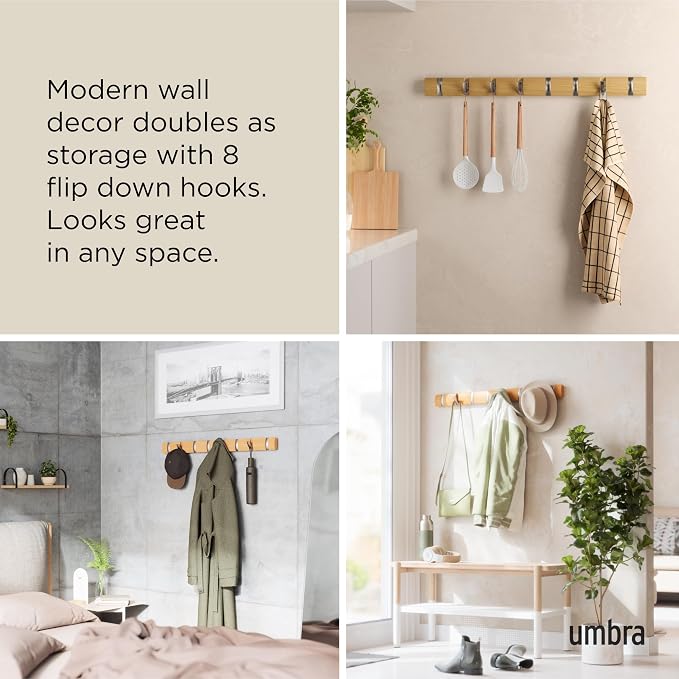 Umbra Flip Coat Rack, Wall Mount 8-Hook, Space Saving, Natural/Nickel | Real wood and steel build, retractable hooks fold flat, holds coats bags and scarves, easy install - Image 4
