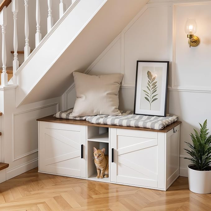 HOOBRO Double Litter Box Enclosure, Modern Cat Litter Box Furniture with Storage and Mat Design, Farmhouse Hidden Litter Box Enclosure with 2 Hooks, White and Walnut WH23MW01 - Image 2