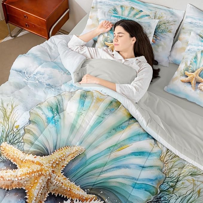 Erosebridal Summer Beach Nautical Bed in A Bag, Blue Ocean Coastal Comforter Set with Sheets Twin, Shell Seaweed Starfish 7 Pcs Bedding Set for Kids Teens Youth Men Women, Seawaves Sea Life Bed Sets - Image 7