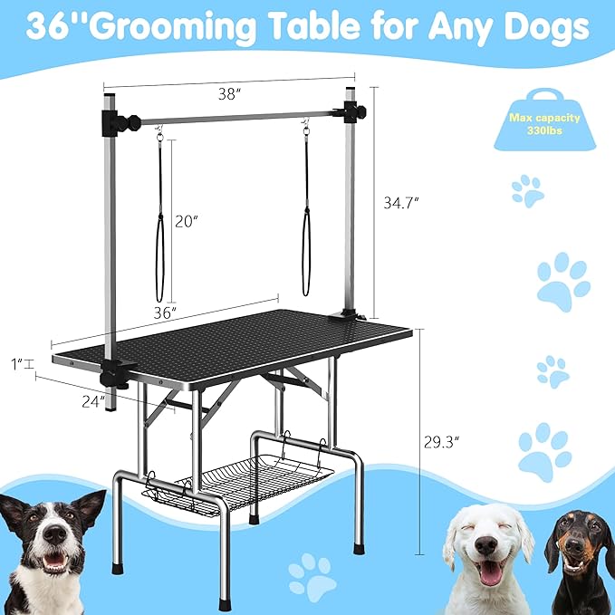 Lyromix 36'' Foldable Dog Grooming Table with Arms/Nooses/Mesh Tray, Black | Stainless Steel Grooming Table for Dogs at Home, Adjustable Pet Bathing Station, Non-Slip Waterproof Tabletop, Capacity 330Lb - Image 6