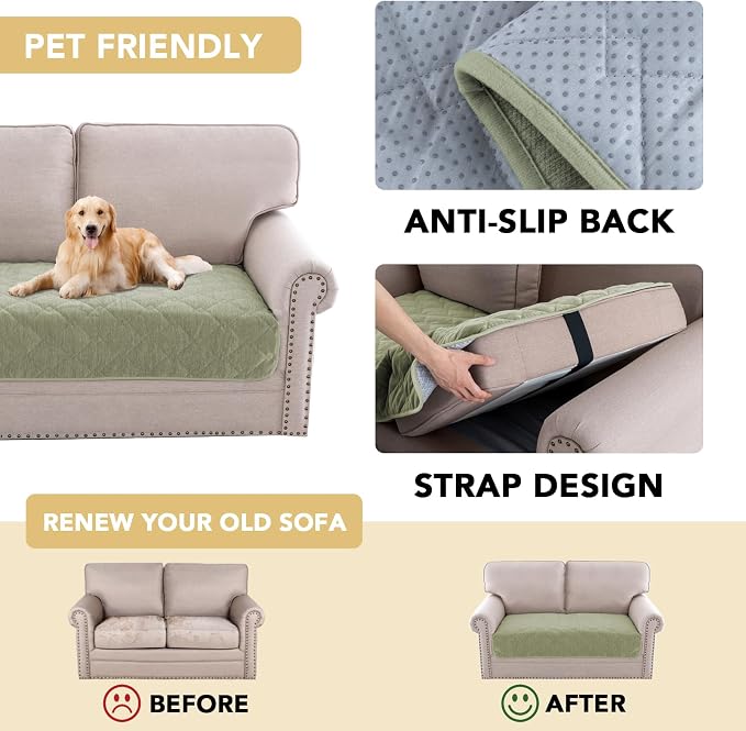 H.VERSAILTEX Couch Cover Chenille Pet Fuzzy Sofa Covers for 2 Cushion Couch Anti Slip Washable Sofa Slipcovers with Strap Soft Couch Protector Cover for Dogs Cats Kids(34.5" x 63", Tender Green) - Image 4