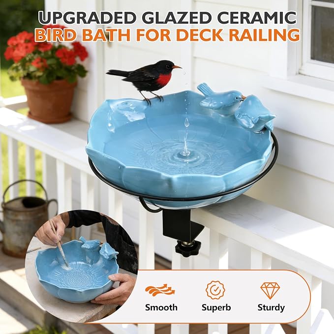 Glazed Ceramic Bird Bath for Deck Railing, 11 Inch Outdoor Deck Mounted Bird Baths Feeder Bowl with Adjustable Clamp, Easy Install Balcony Patio Birdbath for Outside Backyard Decoration, Blue - Image 2