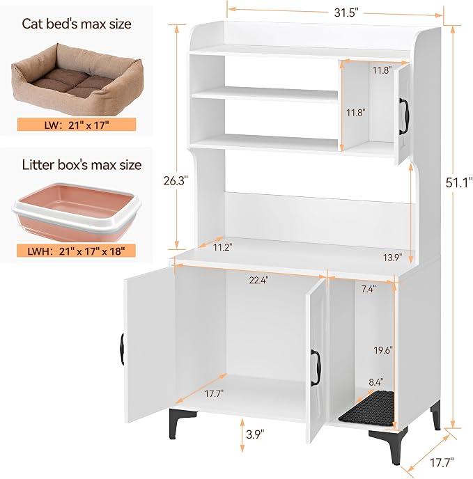 IDEALHOUSE Cat Litter Box Enclosure with Shelves and Doors,Wood Sturdy Hidden Litter Box Furniture,Indoor Cat House Furniture for Most of Litter Box,Litter Box Cabinet,White - Image 5