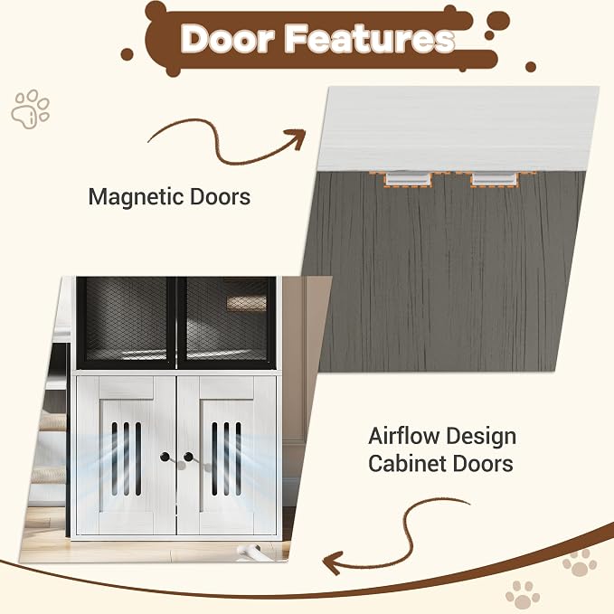GarveeLife Cat Litter Box Enclosure with Doors, Double Cat House with Storage Space, Enclosed Litter Box Furniture with Ladder, Retro White - Image 4