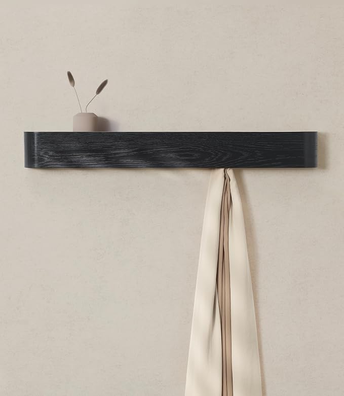 Kazai. Wall-Mounted Coat Rack 'Toke' - Modern Design Coat Rack with Hidden Wall Hooks - Solid Wood Veneer Panel Coat Hanger - Oak, Black by KAZAI