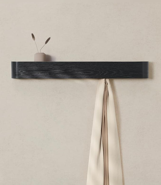 Kazai. Wall-Mounted Coat Rack 'Toke' - Modern Design Coat Rack with Hidden Wall Hooks - Solid Wood Veneer Panel Coat Hanger - Oak, Black by KAZAI