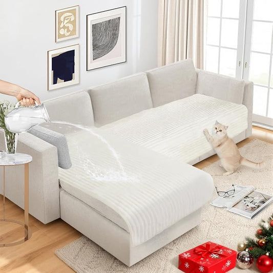 NAISI Couch Covers for Dogs Waterproof Flannel Striped Sofa Cover Pet Friendly Washable Dog Mat for Couch Anti Slip Sectional Sofa Slipcover Protector(2pcs/35"x63"+35"x70",Cream) by NAISI