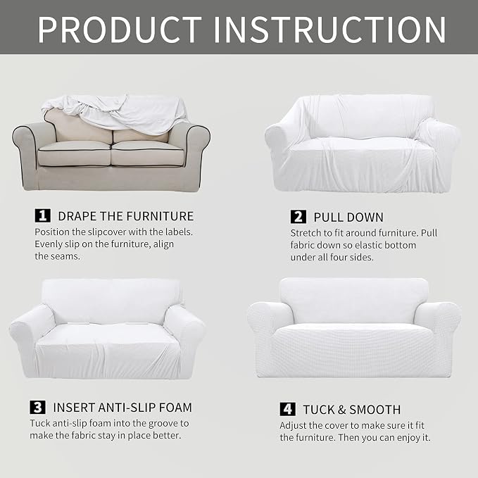 Easy-Going Stretch Oversized Loveseat Couch Covers Washable Snow White | 1-Piece Large Loveseat Cover for 2 Cushion Couch Furniture Protector RV Sofa Slipcover Soft with Bottom for Kids Pets - Image 6