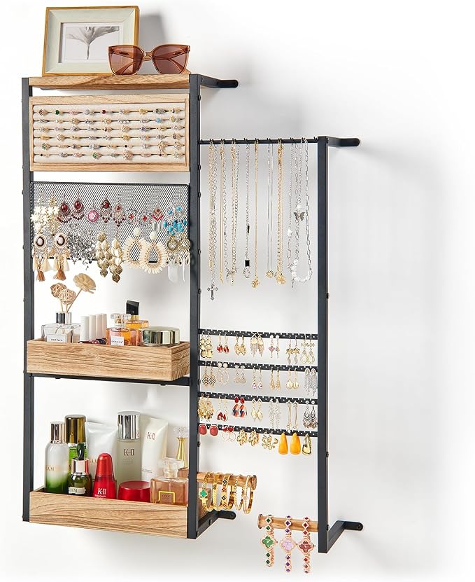 Pinzoveco Hanging Jewelry Organizer Wall Mounted, Large Hanging Jewelry Organizer Holder for Necklaces,Bracelest,Earrings,Rings,Watched,Makeup & Perfume (Black) by Pinzoveco