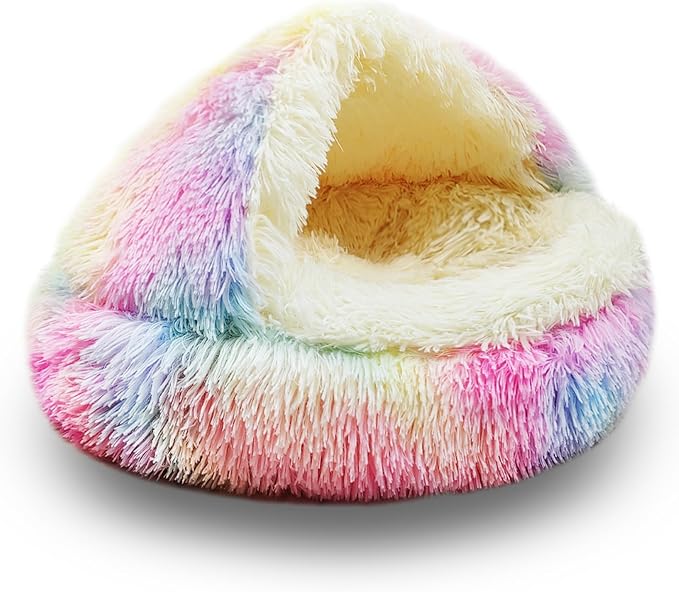 ShinHye Cat Bed Round Plush Fluffy Hooded Cat Bed Cave, Cozy for Indoor Cats or Small Dog beds, Soothing Pet Beds Doughnut Calm Anti-nxiety Dog Bed - Waterproof Bottom Washable (20×20inch, Multicolor) by ShinHye