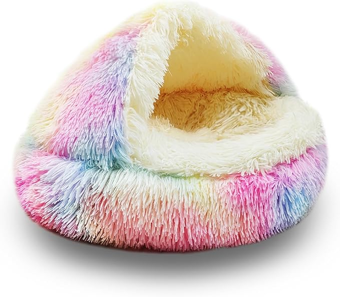 ShinHye Cat Bed Round Plush Fluffy Hooded Cat Bed Cave, Cozy for Indoor Cats or Small Dog beds, Soothing Pet Beds Doughnut Calm Anti-nxiety Dog Bed - Waterproof Bottom Washable (23×23inch, Multicolor) by ShinHye