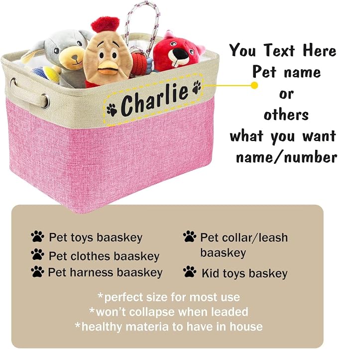 PET ARTIST Collapsible Pet Toy Storage Basket Bin - Personalized with Pet's Name, Rectangular Storage Box Chest Organizer for Toys, Coats, Clothing & Accessories, Pink - Image 3