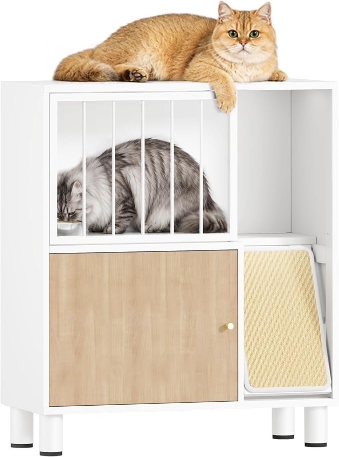 Dog Proof Cat Feeding Station, Metal Cat Feeding Cabinet, White | Elevated Cat Feeding Station, Pet Food Station with Storage, Cat Bowl Stand, Scratching Board, Stainless Steel Bowls by VKTO