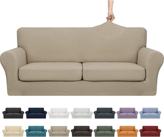 YEMYHOM Latest Checkered 3 Pieces Couch Covers for 2 Cushion Couch High Stretch Sofa Cover with 2 Extra Large Seat Cushion Covers Anti Slip Elastic Slipcovers (Khaki), 71"-91"(2 Cushions) by YEMYHOM