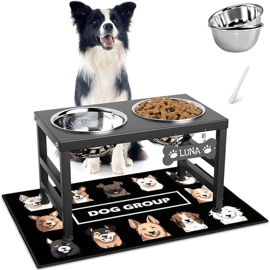 ADENGL Elevated Dog Bowls, 10" Tall Height, Raised Bowl Stand with 2 Stainless Steel Food Feeder Bowls (58oz) and Spill-Proof Mat for Medium Large and Small Breeds by ADENGL