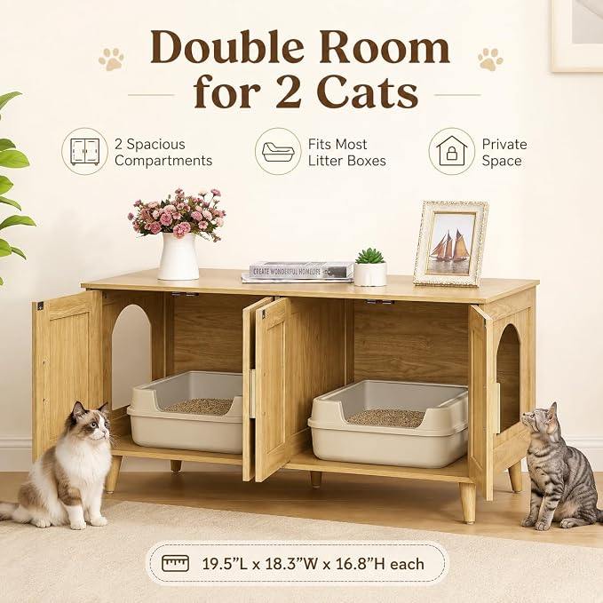 Homhedy Boho Cat Litter Box Enclosure for 2 Cats, Natural | Hidden Litter Box Furniture with Double Rattan Decorated Doors, Cat Washroom, Cat House, Dog-Proof, TV Stand - Image 3
