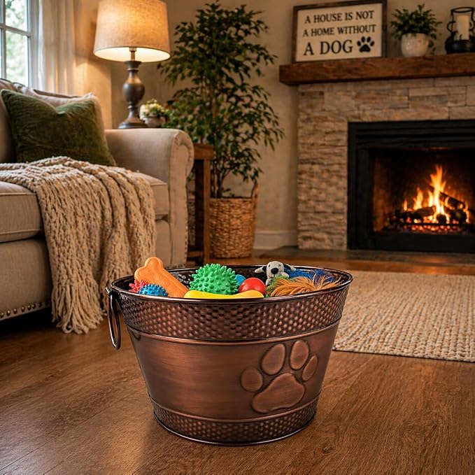 BREKX Metal Indestructible Dog Toy Bin - Chew-Proof Storage Bin | Copper Finish Farmhouse Organizer Storage Basket for Pet Toys, Blankets, Leashes with a Embossed Paw-Print - Image 3