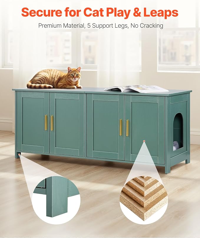 VEVOR Cat Litter Box Enclosure for Multi Cats, 47.2 in Hidden Litter Box Cabinet with 4 Doors & 2 Entries, Indoor Cat Washroom, Wooden Kitty House Furniture Side Table, Fit Most Litterboxes, Green - Image 3