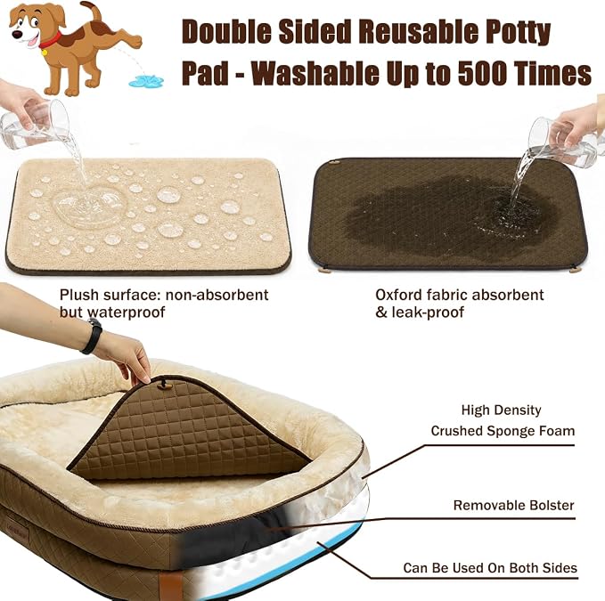 Large Dog Bed Washable with Reusable Potty Pad - Brown Orthopedic Dog Beds Large Sized Dog with Memory and Egg Crate Foam Waterproof Pet Bed Includes - Medium - Image 2