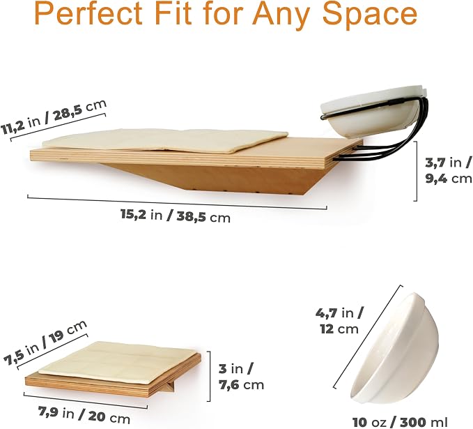 Wall Mounted Cat Shelves with Elevated Ceramic Feeding Station–Scandinavian Floating Design, Solid Plywood, Two Climbing Steps with Cotton Mats, Modern Cat Wall Furniture Set 300 ml Bowls - Image 2