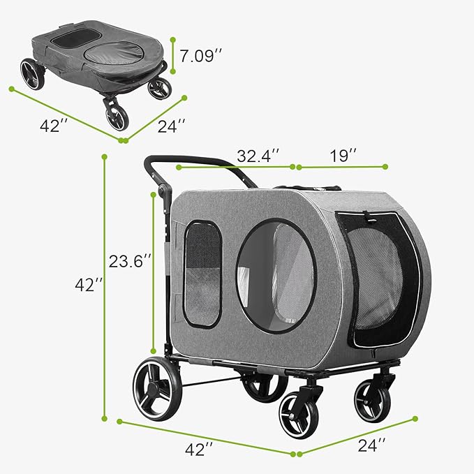 Large Dog Stroller for Medium Dogs，Pet Stroller for 2 Small Dogs, Foldable Jogger Wagon with Detachable Carrier for Car Seat, Adjustable Handle, Up to 90 lbs, Gray
