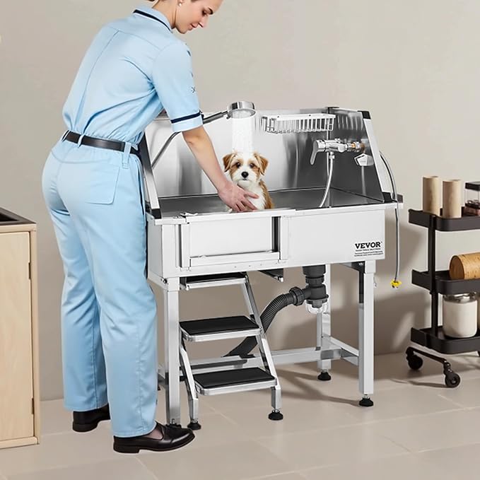 VEVOR Professional Dog Washing Station, 34 Inch Stainless Steel Pet Grooming Tub with Hot Cold Faucet, Adjustable Showerhead, Non-Slip Stairs & Side Sink, for Small to Medium Dogs and Cats (Left Door) - Image 8
