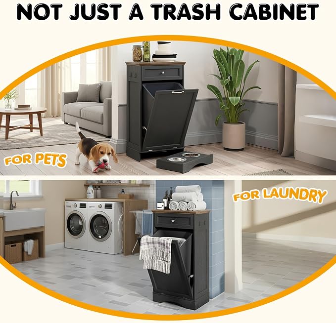 Tilt Out Trash Can Cabinet with Dog Bowl, 10 Gallons Dog Feeding Station with Storage, Dog Food Cabinet with Hideaway Drawer for Kitchen, Living Room,Laundry Room - Image 8