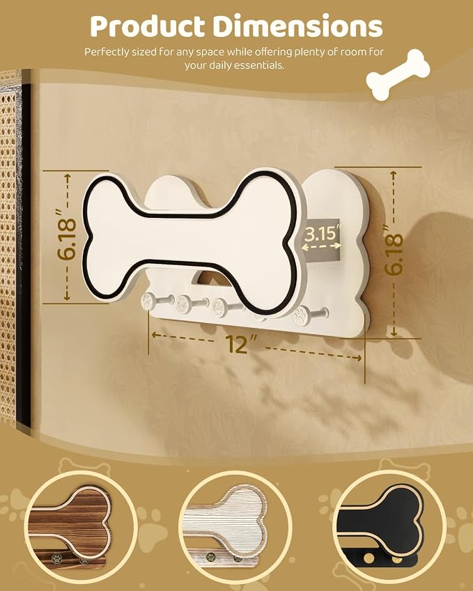 MTERSN Decorative Dog Leash Holder for Wall - Doggie Bone Shape Key Holder Wall Mount with 5 Chic 3D Puppy Paw Hooks & Dog Stuff Storage Shelf - Apartment Essentials (Black & White) - Image 6