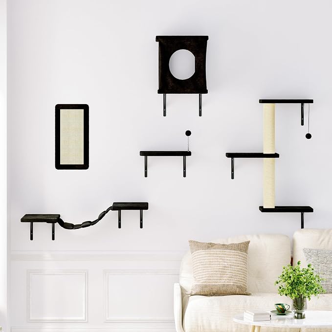NUNU LAB Cat Wall Shelves Set, 5 Pcs Wall-Mounted Cat Climber with Cat House, Bridge, Scratching Post, Hammock, Wall Shelves, Black - Image 6