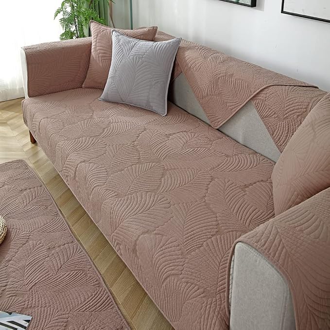 Solid Color Leaf Cotton Quilted Sofa Covers Anti-Slip Soft Sectional Couch Cover Washable Sofa Slipcover for Dogs Cats Pet (Coffee,28''x47'') - Image 4