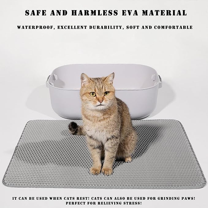 HCY&WLD Cat Litter Mat, 45x26/35x24/30x22/24x18 Inch Double Layer Cat Litter Box Mat, EVA Non-Slip, Waterproof Urine Proof Cat Litter Catcher Mat, Easy Clean Scatter Control (24x18 Inch, Gray) - Image 3