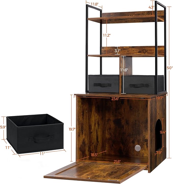 Dwanton Litter Box Enclosure with 2 Storage Shelves and 2 Drawers, 2-in-1 Hidden Cat Litter Box Enclosure Furniture with Shelf, Reversible Entrance, Washable Drawers, 50-Inch, Rustic Brown - Image 5