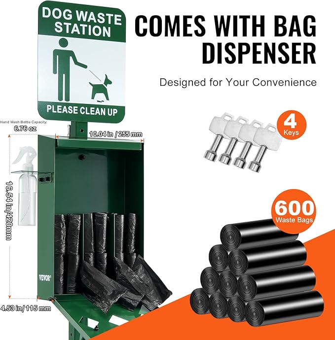 VEVOR Dog Waste Station, 11.5 Gallon Pet Waste Station with Hand Wash Bottle, Lockable Bag Dispenser, 50 Can Liners & 600 Waste Bags, Outdoor Pet Poop Station for Commercial Use, Parks, Backyard - Image 3
