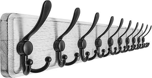 Dseap Coat Rack Wall - Heavy-Duty 38-1/4" Long, with Reinforced 10 Custom Tri-Hooks, Solid Wood Wall Hanger for Coats Hat Jackets - Rustic Farmhouse Entryway Hallway Storage, White & Black by Dseap