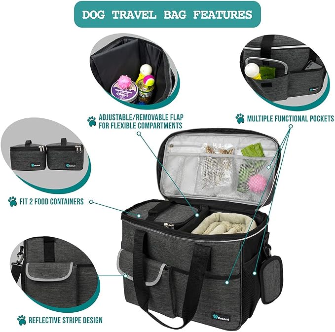 PetAmi Dog Travel Bag Organizer, Pet Travel Kit with 2 Food Containers & 2 Collapsible Dog Bowls, Pet Supplies Tote with Luggage Sleeve, Weekend Road Trip Camping Essentials, Dark Gray, Medium - Image 4