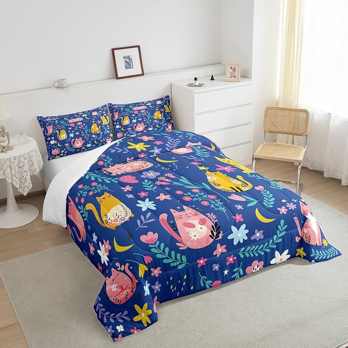 Feelyou Kids Funny Cats Bedding Set Girls Cute Flower Cartoon Kitty Kitten Comforter Set King Size Animal Theme Duvet Insert Girly Kawaii Room Blue Decor - Image 4