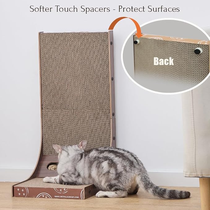 Petpals Corrugate Cardboard Cat Scratching Pad, 24" Double Side L Shaped | Replaceable Cardboard Scratching Pads, Multi-use to Protect Couch Sofa Furniture, with Rattan Ball Toys, Laminated Wood Frame - Image 6