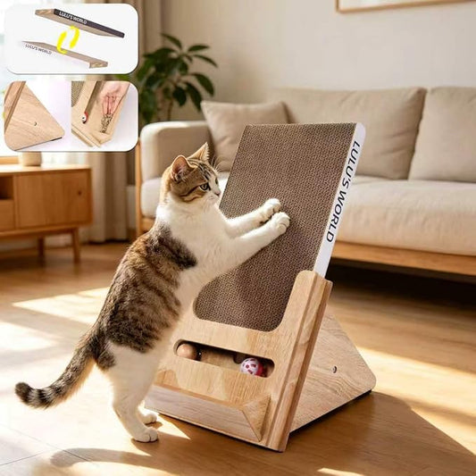 Lulu's World Cardboard Cat Scratcher with Wooden Stand, Freestanding Vertical Cat Scratching Board with Replaceable Double-Sided Scratch Pad, Ball Toy and Debris Tray for Indoor Cats,Long-termism by LuLu%E2%80%98sWorld