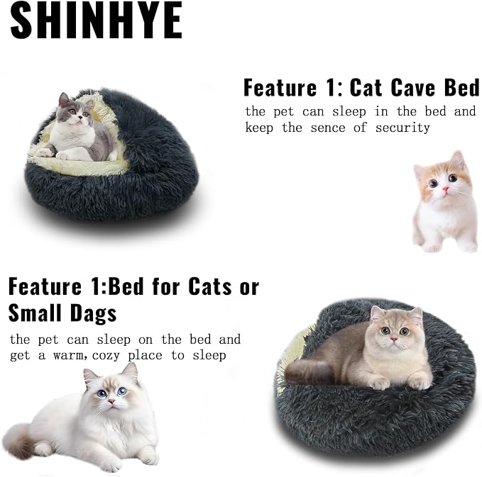 ShinHye Cat Bed Round Plush Fluffy Hooded Cat Bed Cave, Cozy for Indoor Cats or Small Dog beds, Soothing Pet Beds Doughnut Calm Anti-nxiety Dog Bed - Waterproof Bottom Washable (23×23inch, Dark Grey) - Image 4
