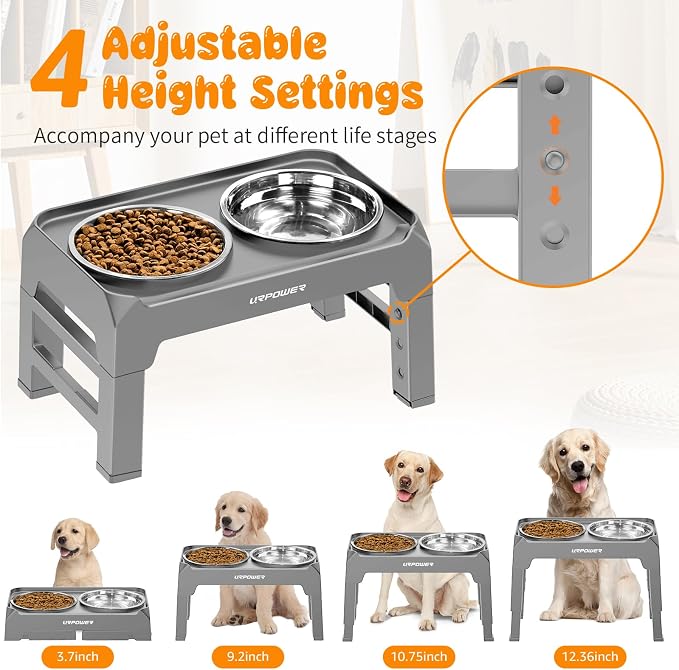 URPOWER Raised Dog Bowls 4 Height Adjustable Elevated Bowl Stand | Stainless Steel Water Bowl Non-Slip Dog Food Bowls Stand for Small Medium Large Dogs and Pets - Image 2