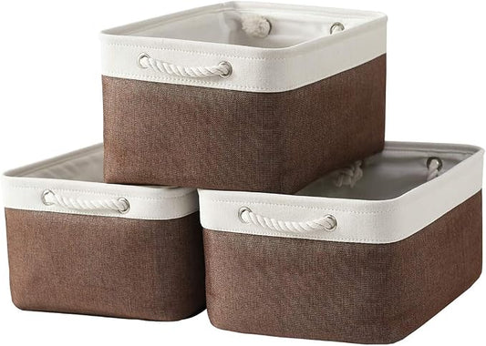 Large Storage Baskets for Shelves, Fabric Baskets for Organizing, Collapsible Storage Bins for Closet, Nursery, Clothes, Home & Office [3-Pack, White&Brown] by Sacyic
